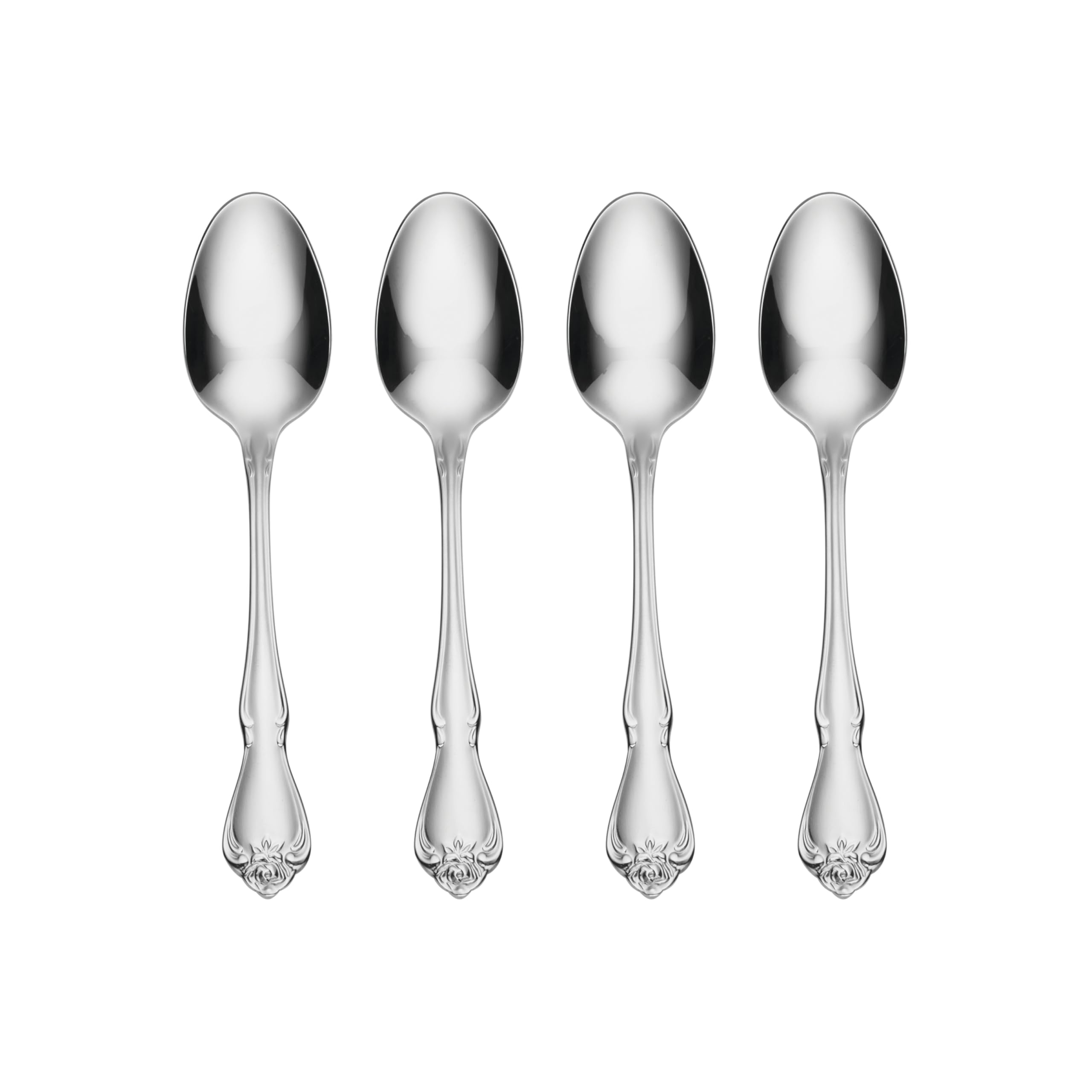 Oneida True Rose teaspoons with mirror finish for elegant daily dining.