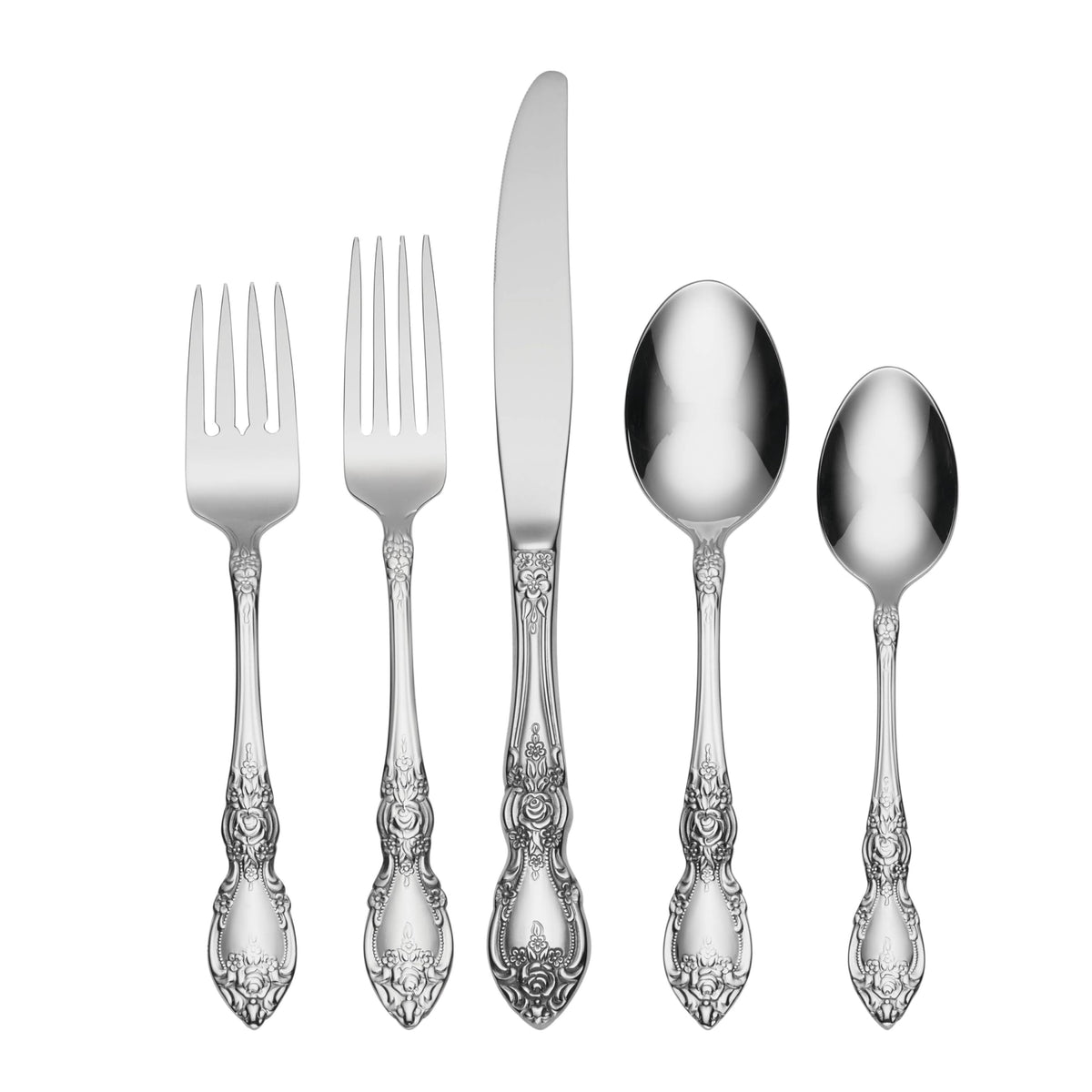 Oneida Wordsworth dinner fork close-up highlighting flower-adorned handle for elegant table settings.