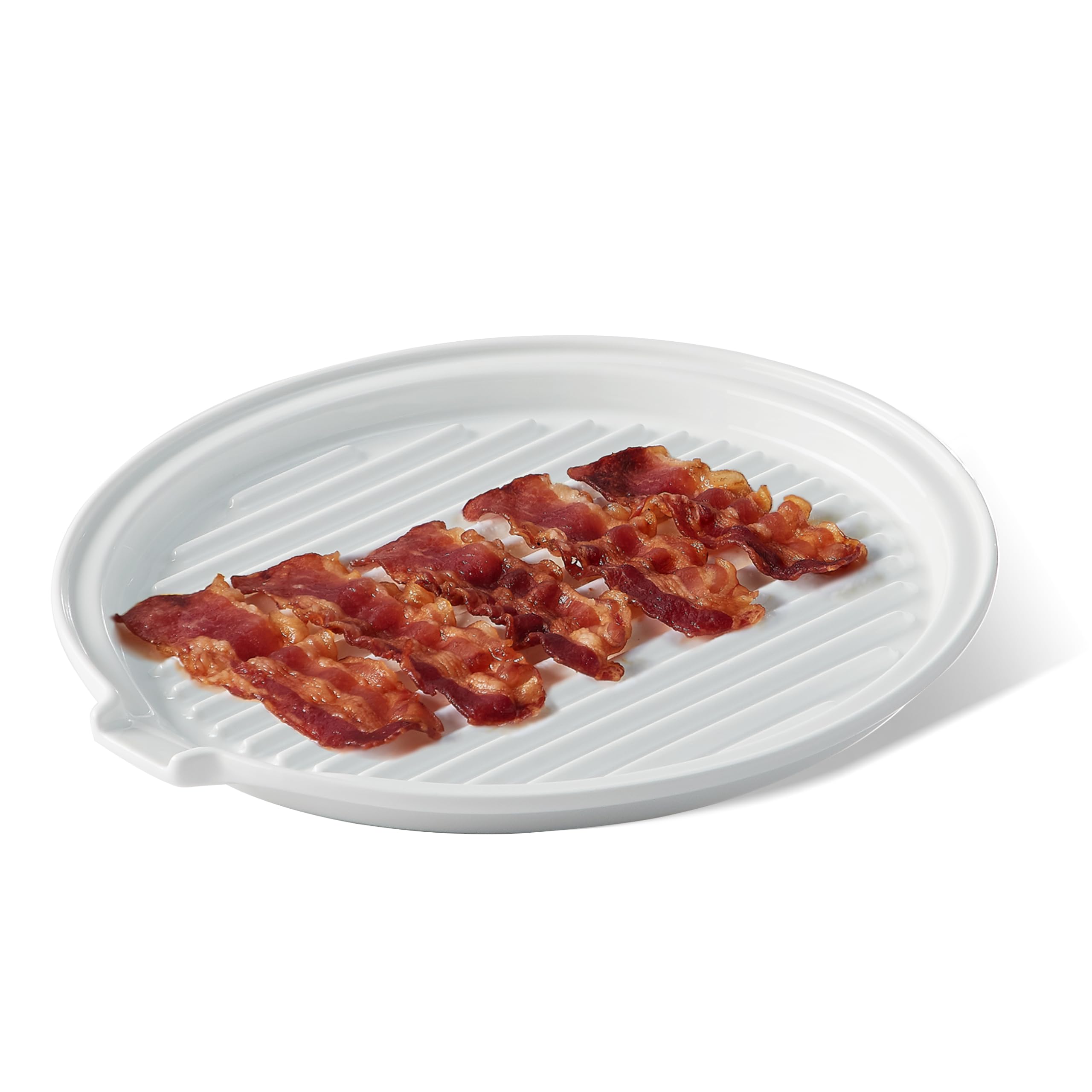 ONEMORE round 11in ceramic bacon tray with elevated rack for healthier, crispy bacon.