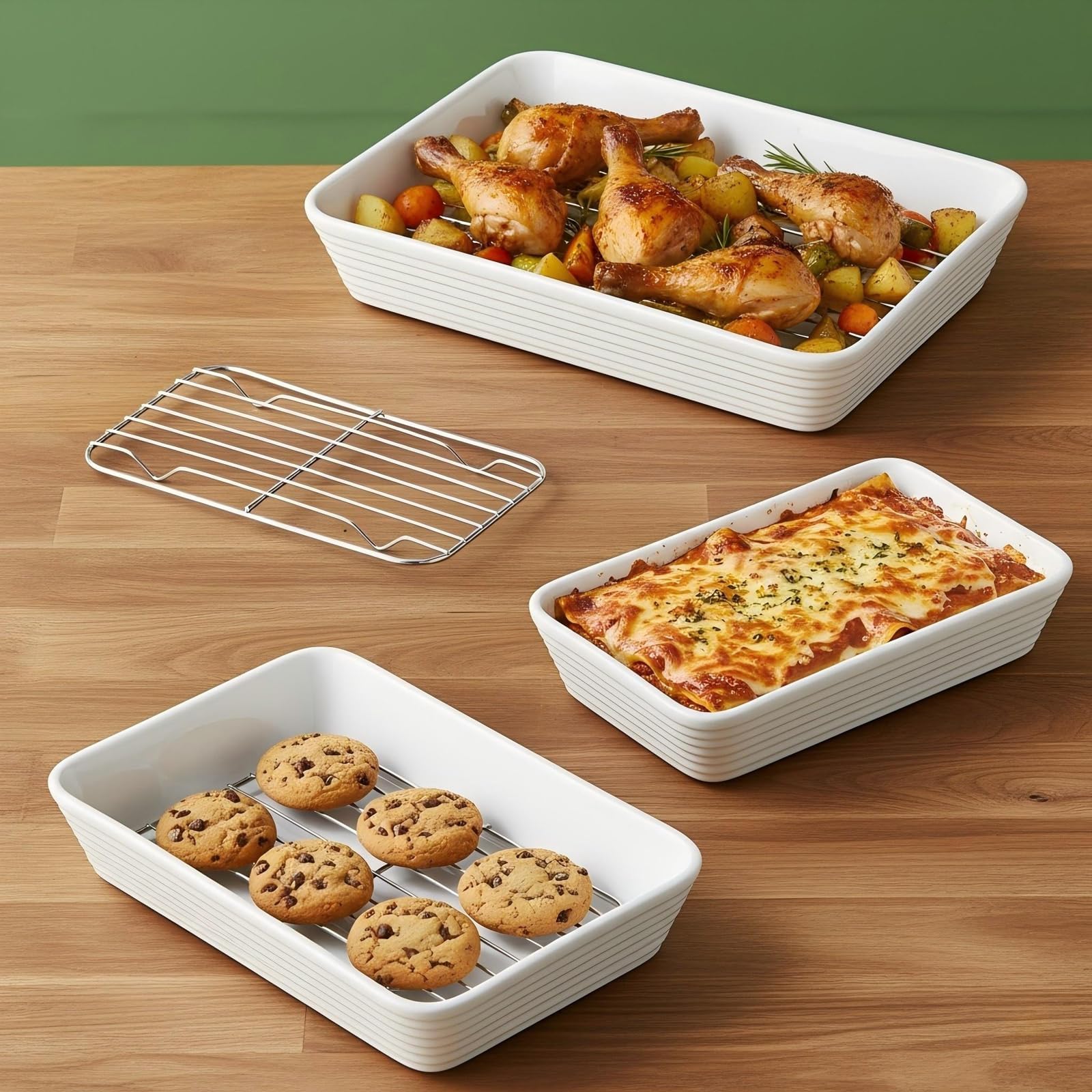 ONEMORE medium rectangular baking dish with rack for casseroles.