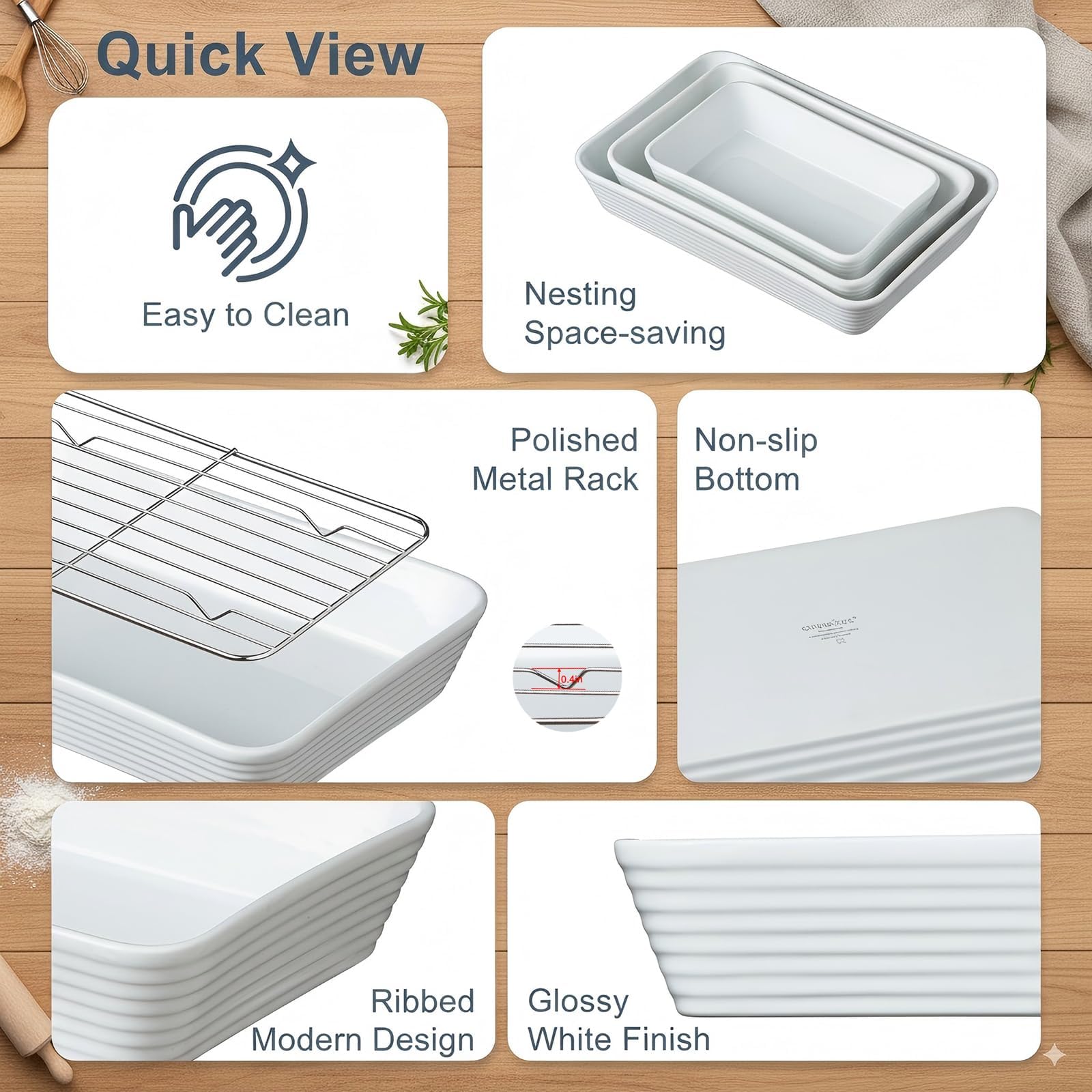 ONEMORE oven-ready bakeware fits standard ovens and saves space.
