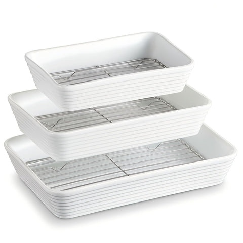 ONEMORE three-piece baking dishes set for versatile oven cooking and serving.