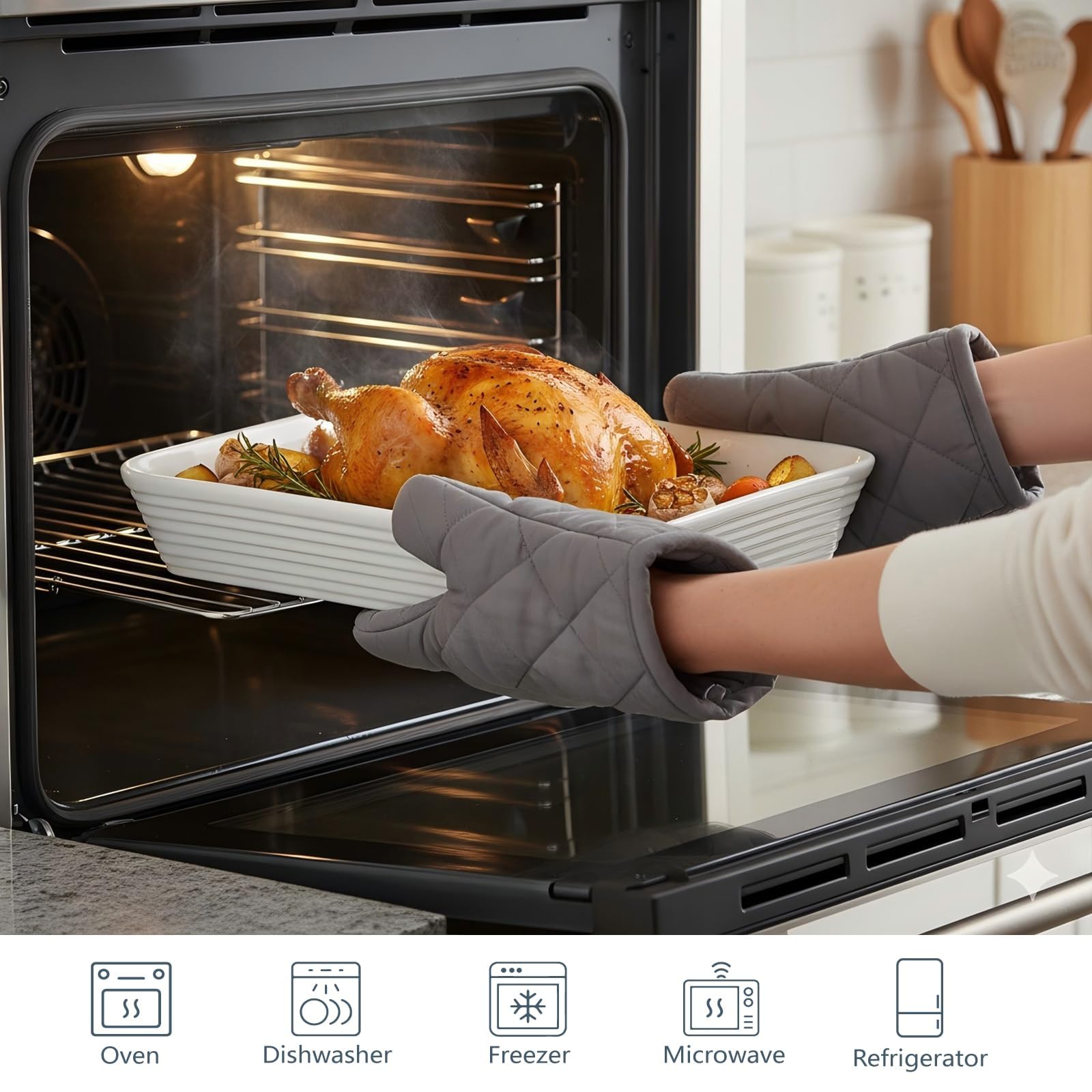 ONEMORE small rectangular baking dish with rack for sides and desserts.