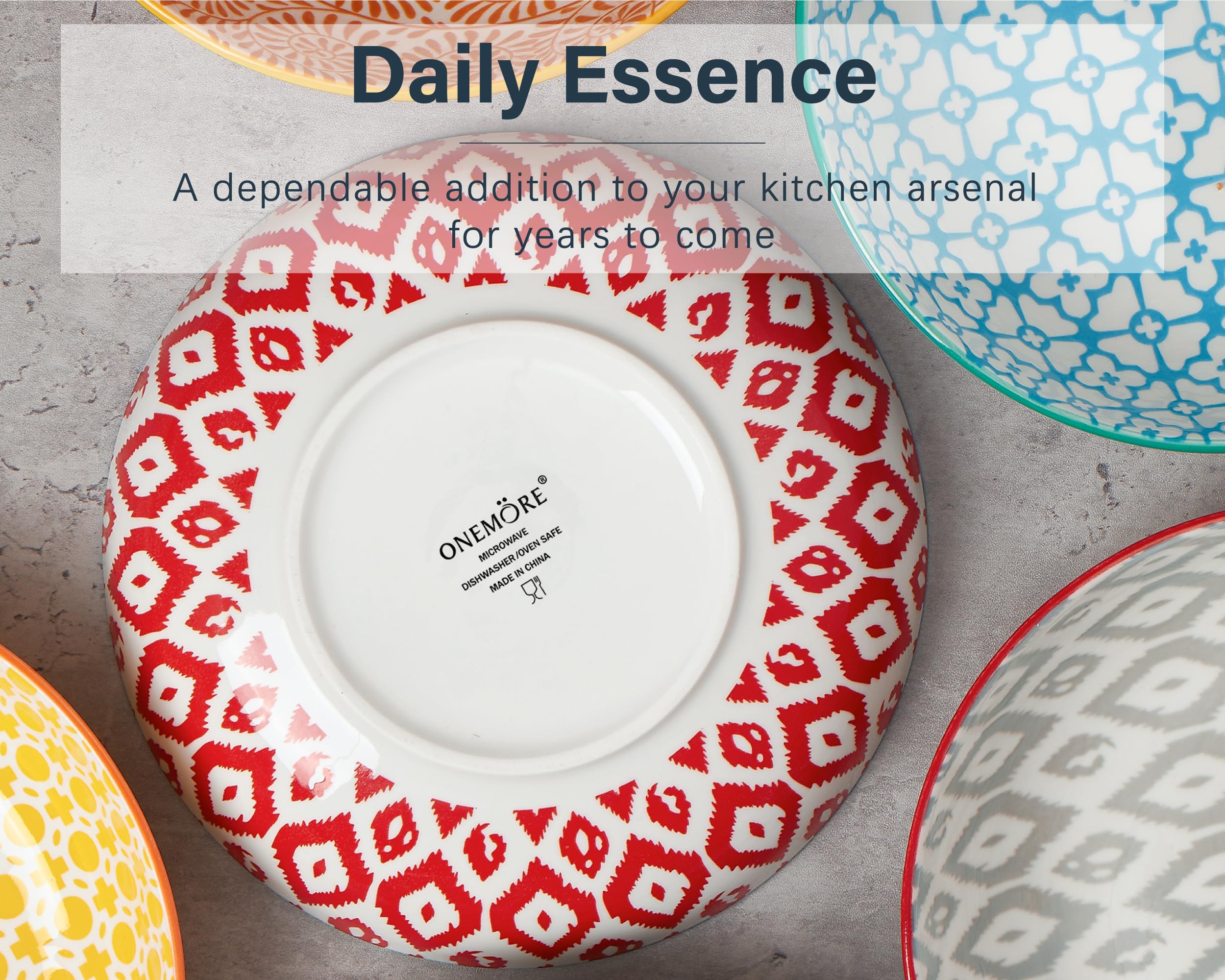 ONEMORE Stackable ceramic bowls saving kitchen space in a neat stack.