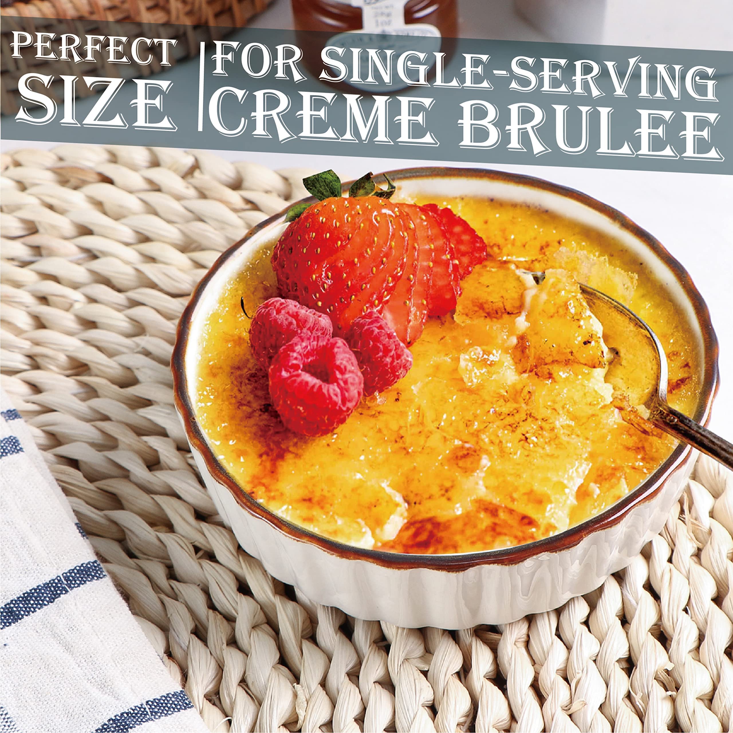 ONEMORE ramekins with brown rim, speckled glaze, ideal for baked desserts.