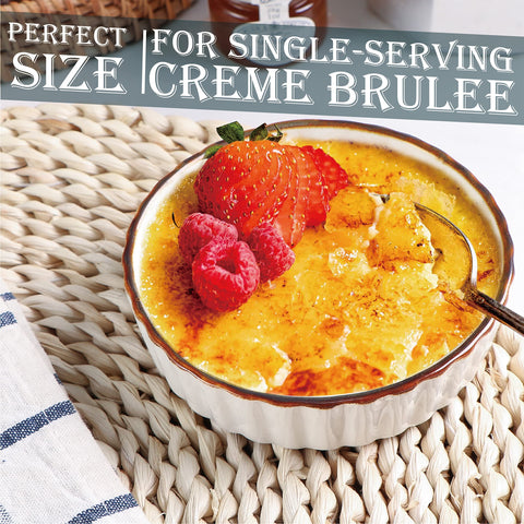 ONEMORE ramekins with brown rim, speckled glaze, ideal for baked desserts.