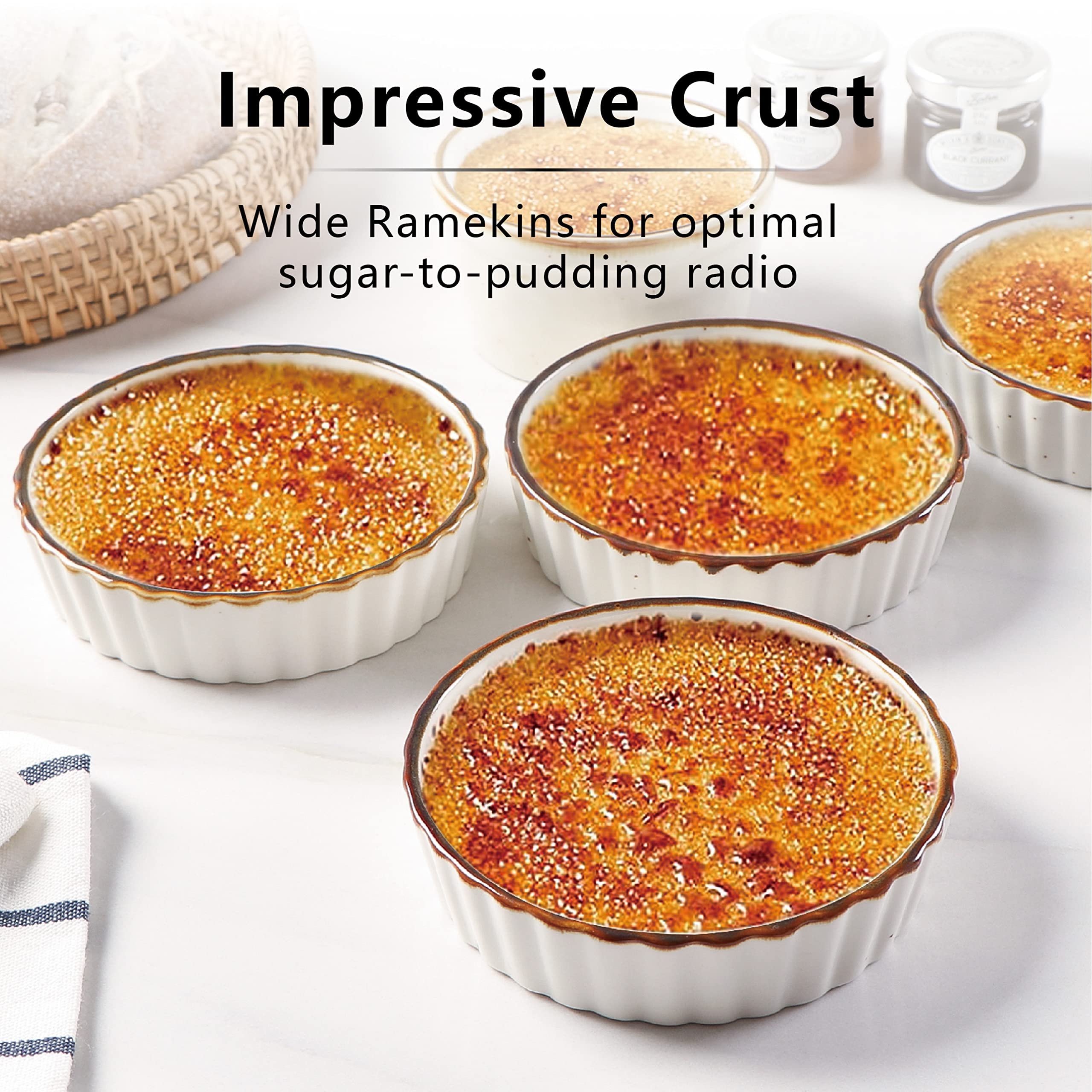 ONEMORE 4 oz ramekin with fluted edge supports even heat and easy gripping.