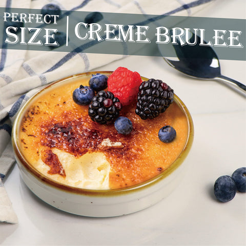 ONEMORE 4 oz ramekins, creme brulee ready, showcasing caramelized sugar finishing.