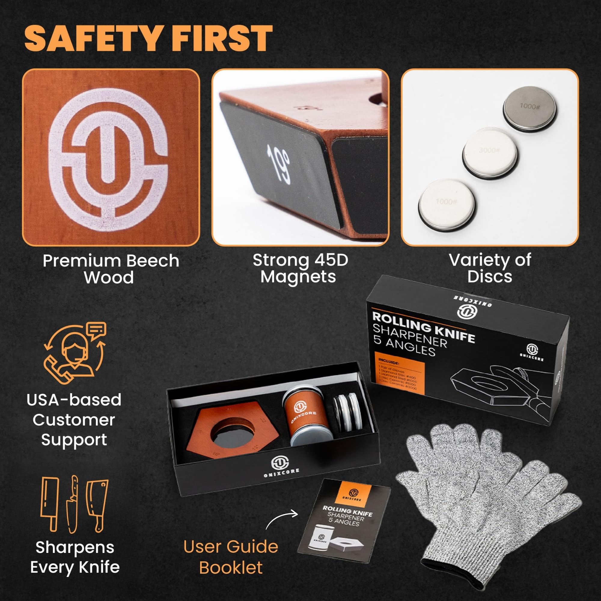 ONIXCORE cut-resistant gloves add safety during sharpening sessions.