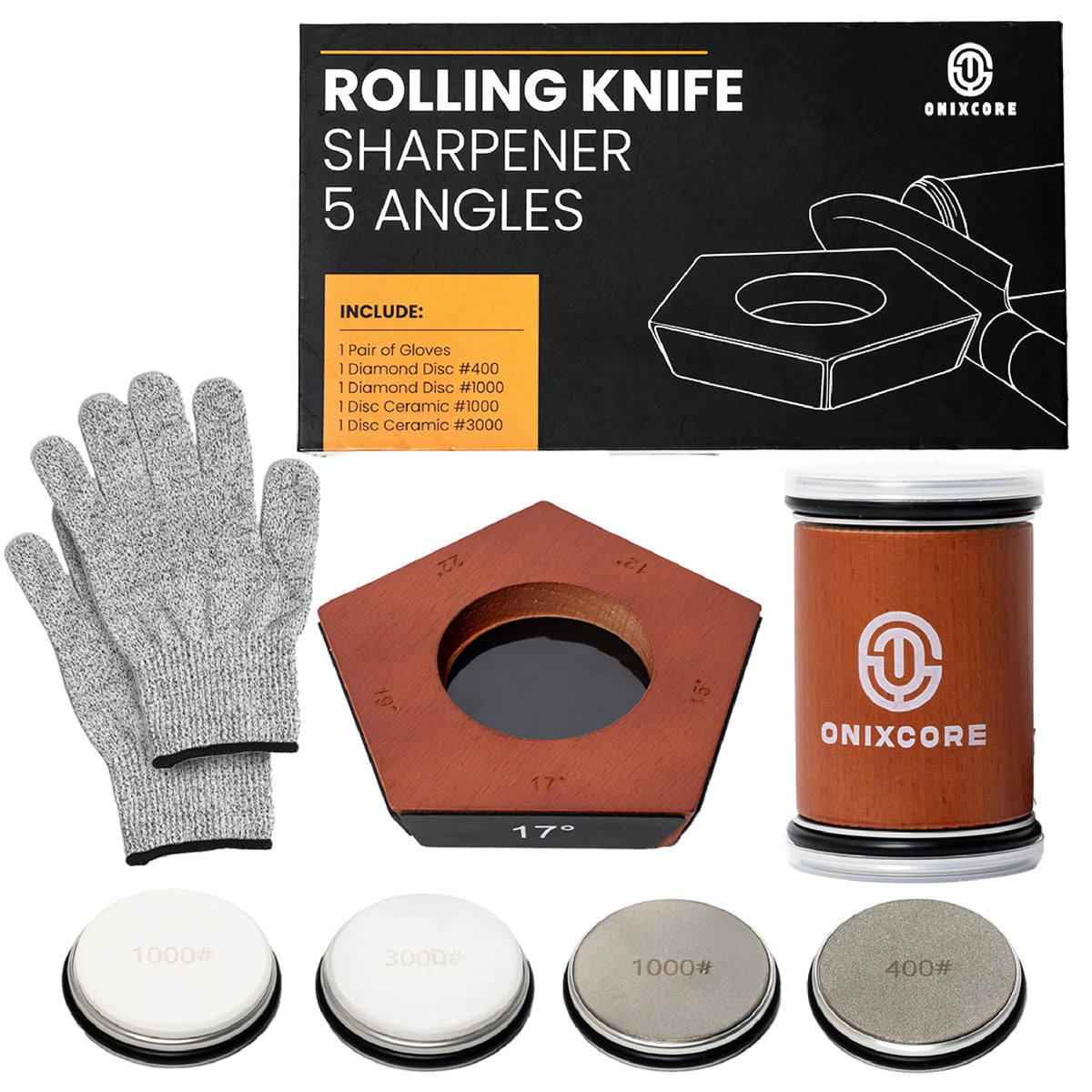 ONIXCORE rolling sharpener on a beech wood base provides stable, precise sharpening at home.