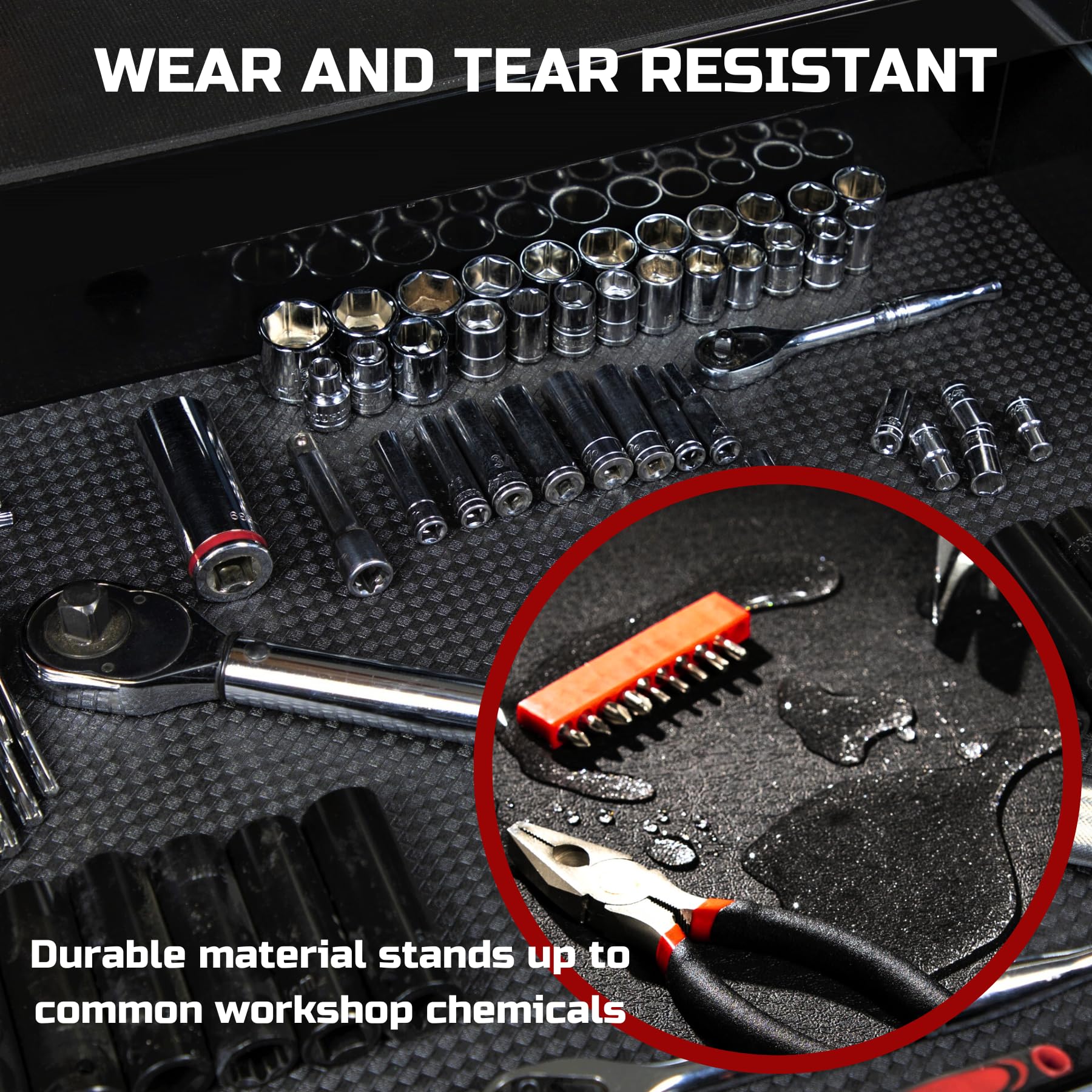 Black matte finish improves drawer aesthetics while protecting tools.