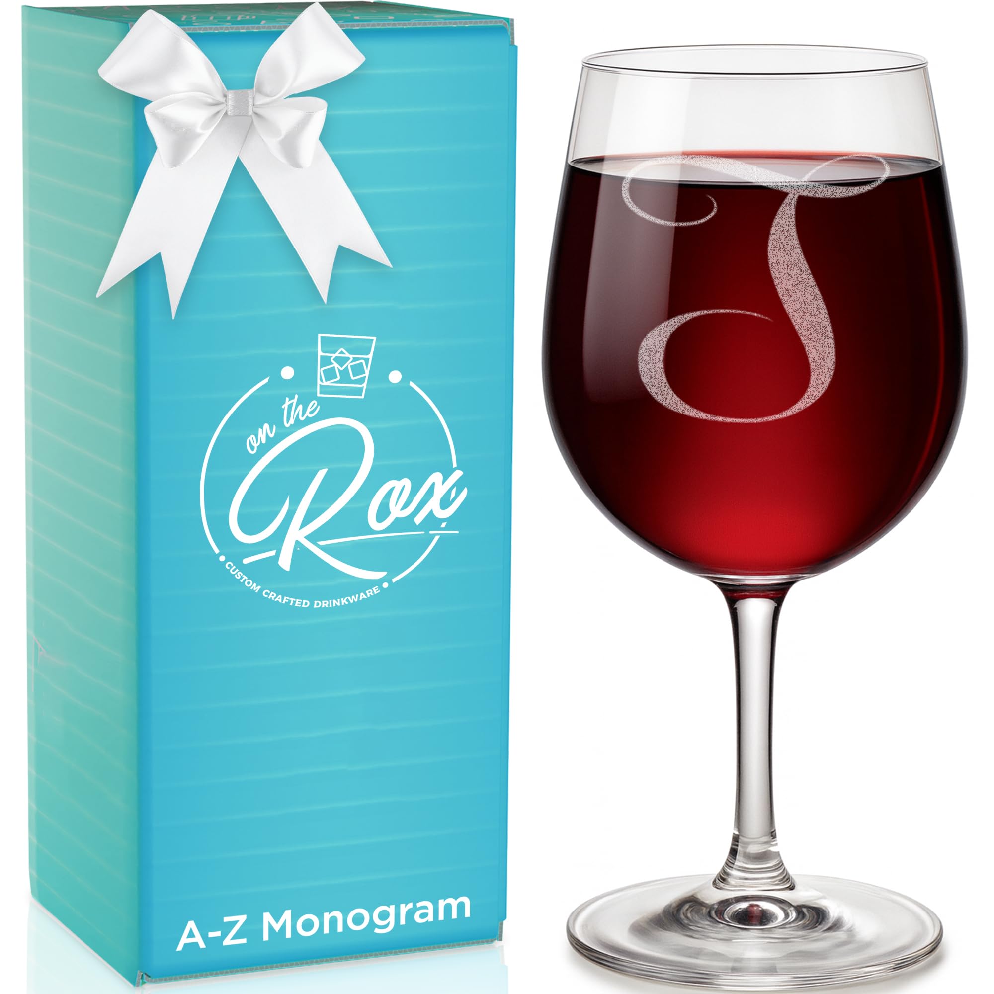 On The Rox Drinks monogram wine glass closeup with durable engraving for everyday use.