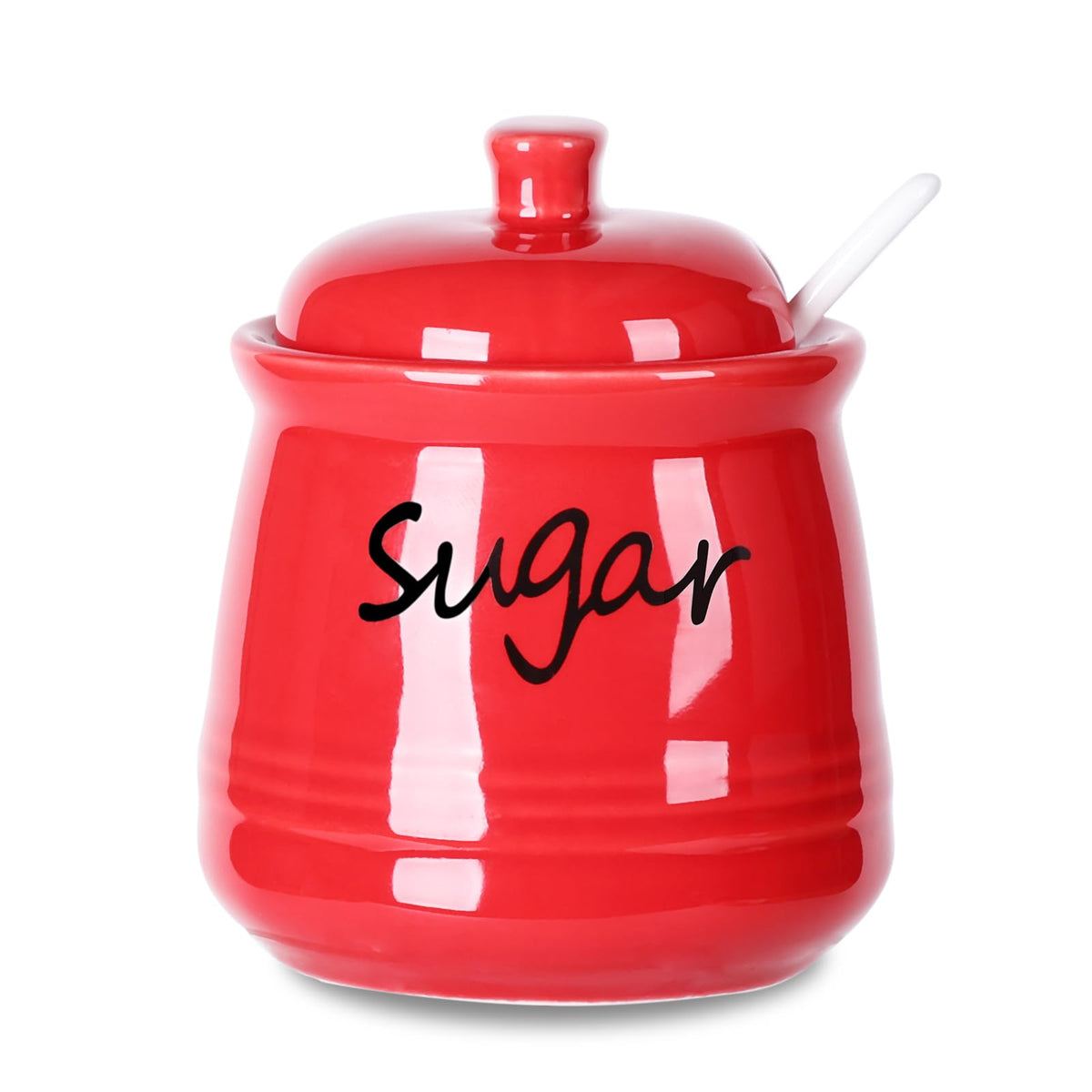 ONTUBE red ceramic sugar bowl with lid and spoon, 12oz capacity on kitchen counter