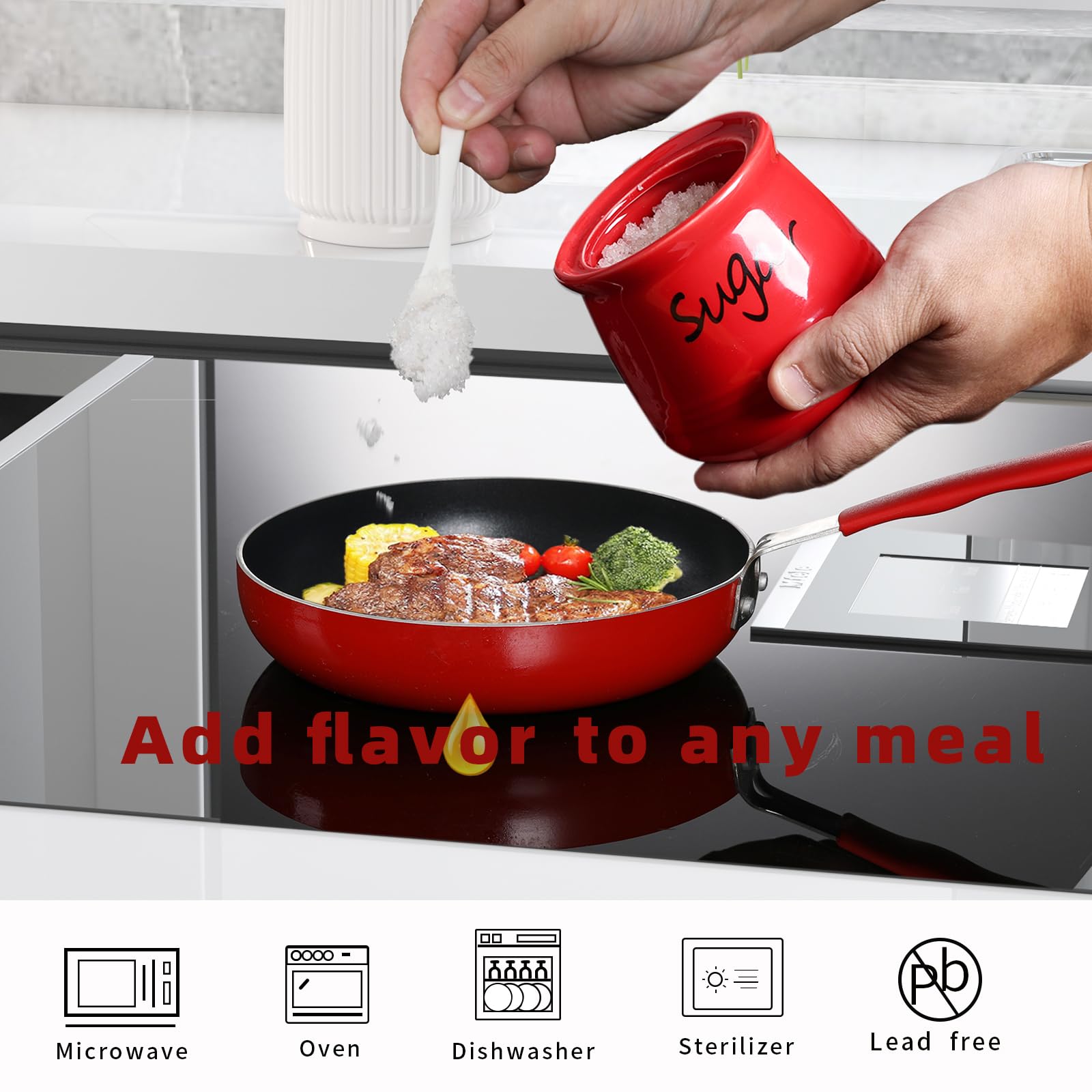 ONTUBE red sugar bowl on a tidy kitchen counter