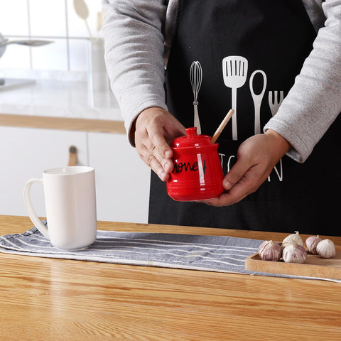 ONTUBE honey jar red shown as dishwasher-safe for quick cleanup.