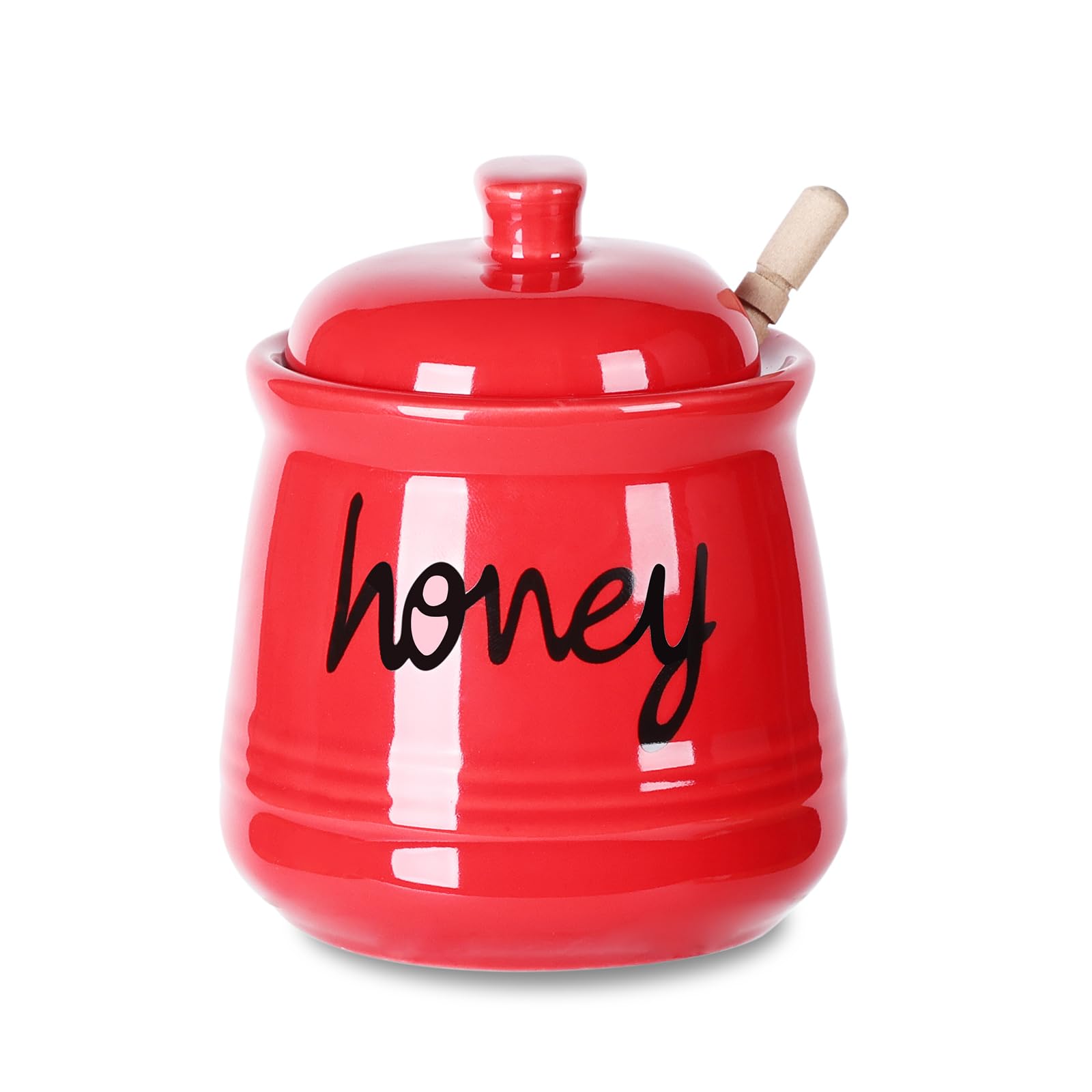 ONTUBE honey jar red with lid and dipper, convenient for honey dispensing.