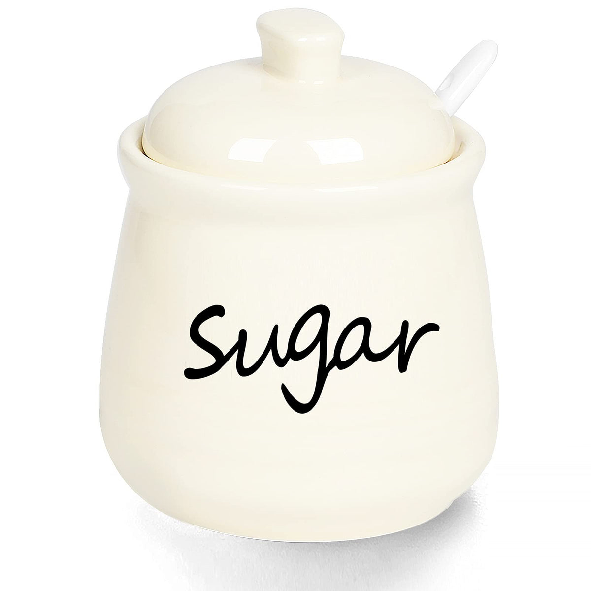 ONTUBE sugar bowl with lid and spoon on beige surface keeps sugar mess-free.