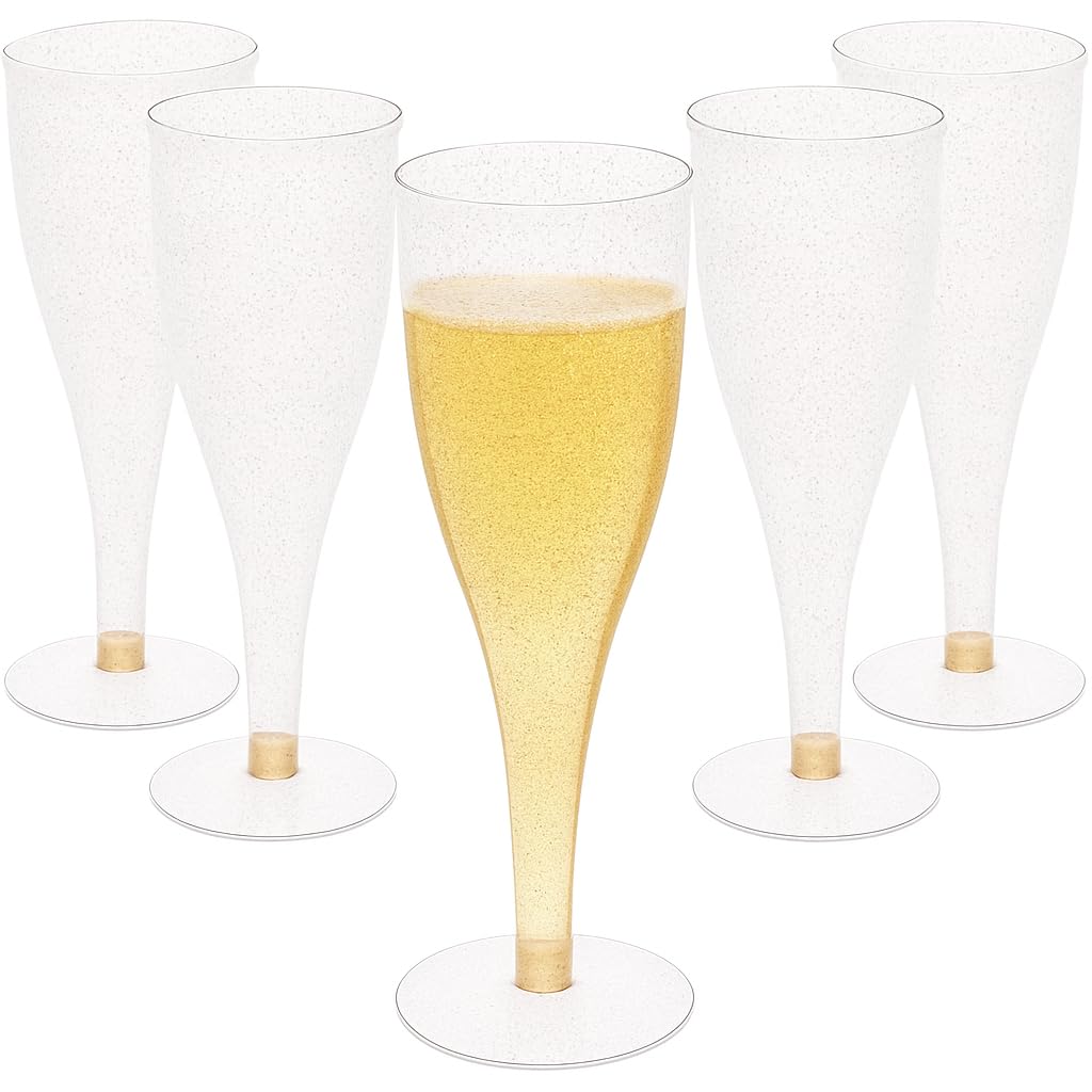 Oojami 30 disposable champagne flutes with crystal-clear bodies for elegant celebrations