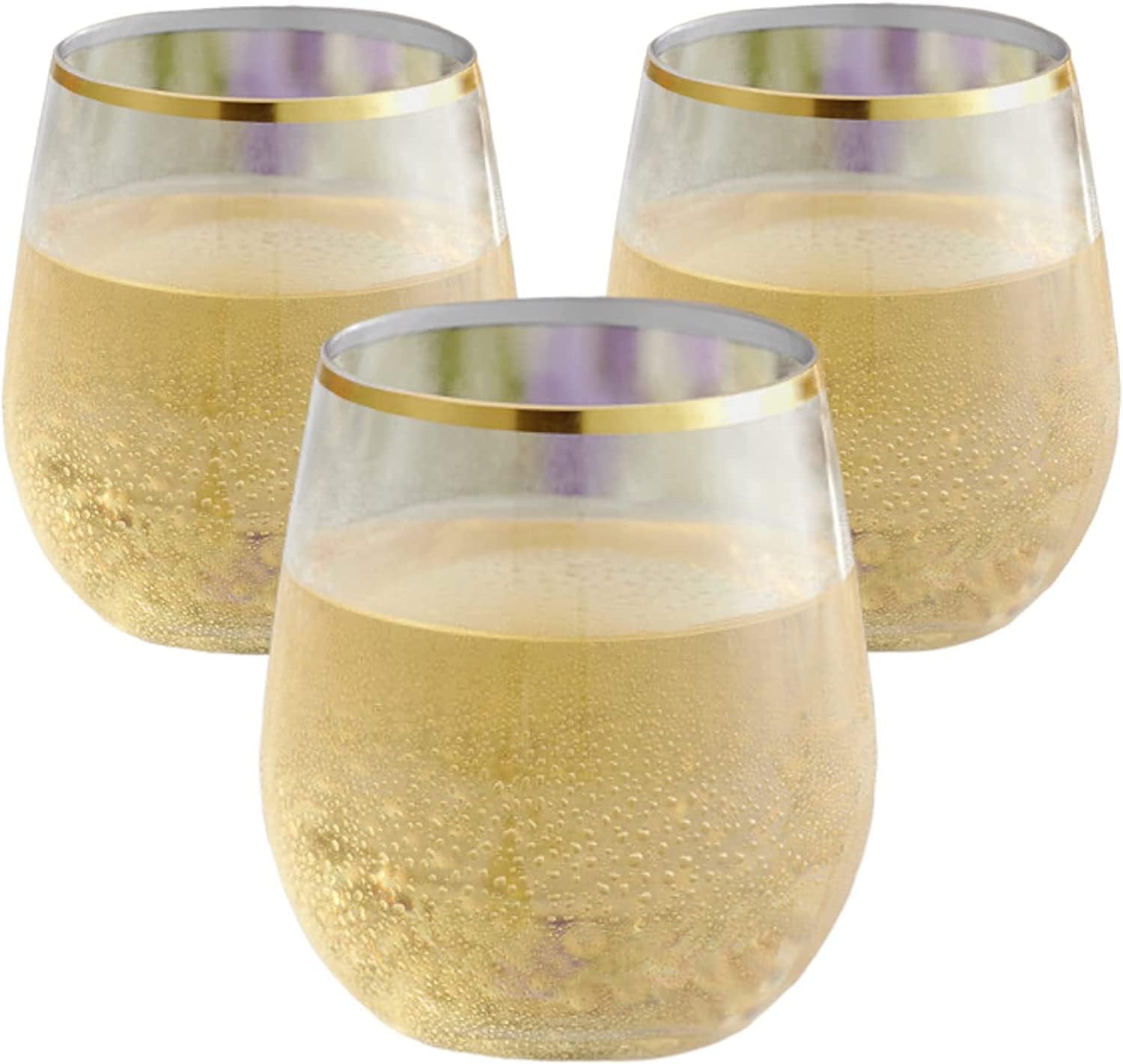 Oojami 48-piece stemless wine glasses set in crystal-clear plastic for upscale gatherings.