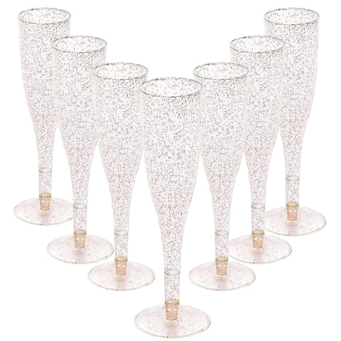 Oojami gold glitter plastic glasses highlighting sparkling drinks with style