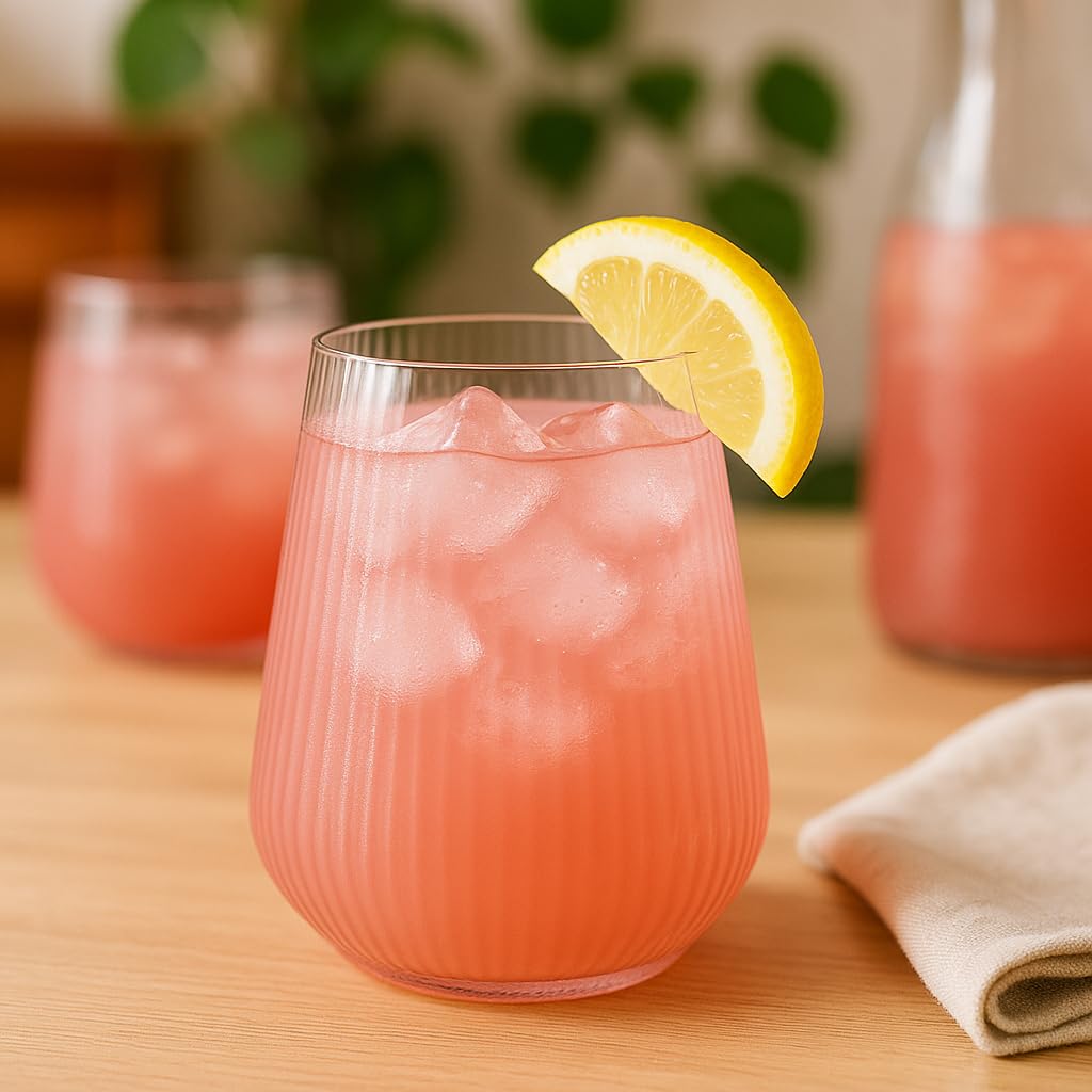 Oojami outdoor pink glasses set up for poolside sipping.