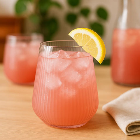 Oojami outdoor pink glasses set up for poolside sipping.