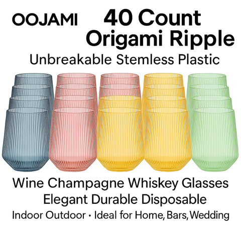 OOJAMI Ripple Origami stemless wine glasses show shatterproof practicality at parties.