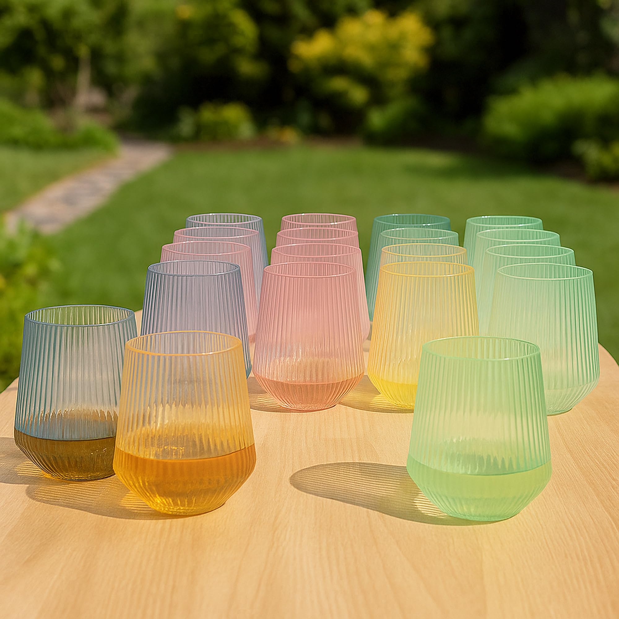 OOJAMI Ripple Origami stemless wine glasses highlight elegant ripple texture for weddings.