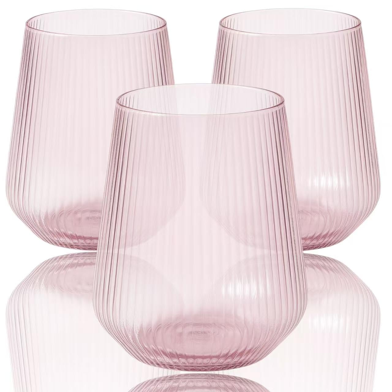 Oojami ripple origami stemless pink glasses with versatile 12-ounce capacity.