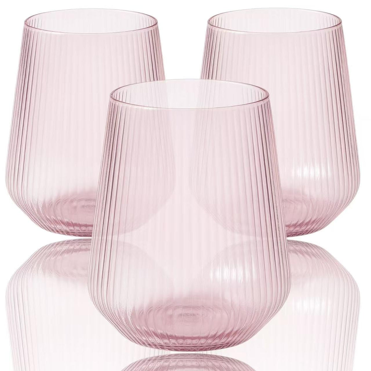 Oojami ripple origami stemless pink glasses with versatile 12-ounce capacity.