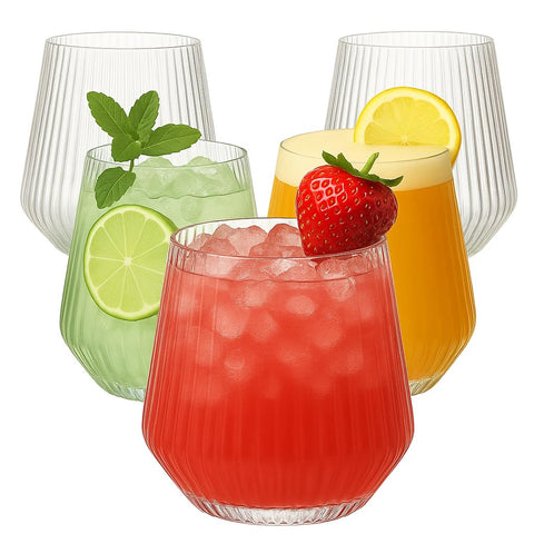 Oojami Ripple origami wine glass 12oz, clear stemless elegance for wine sipping.