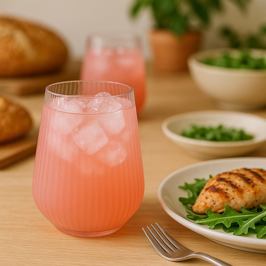 Oojami unbreakable stemless pink glasses close-up show durable, safe use.