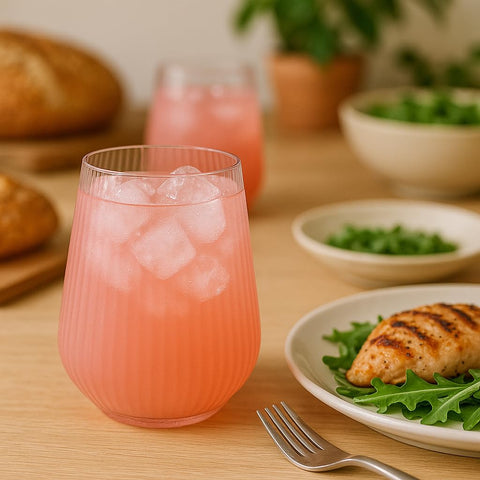Oojami unbreakable stemless pink glasses close-up show durable, safe use.