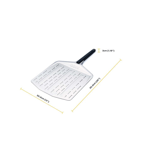 Ooni perforated pizza peel long-handle close-up enables safe oven transfers.