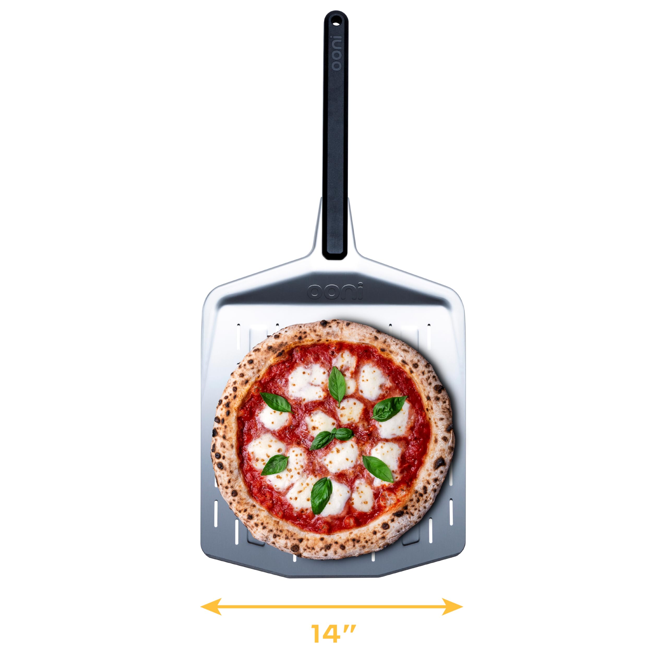 Ooni perforated aluminium peel used to stretch dough and transfer pizzas.
