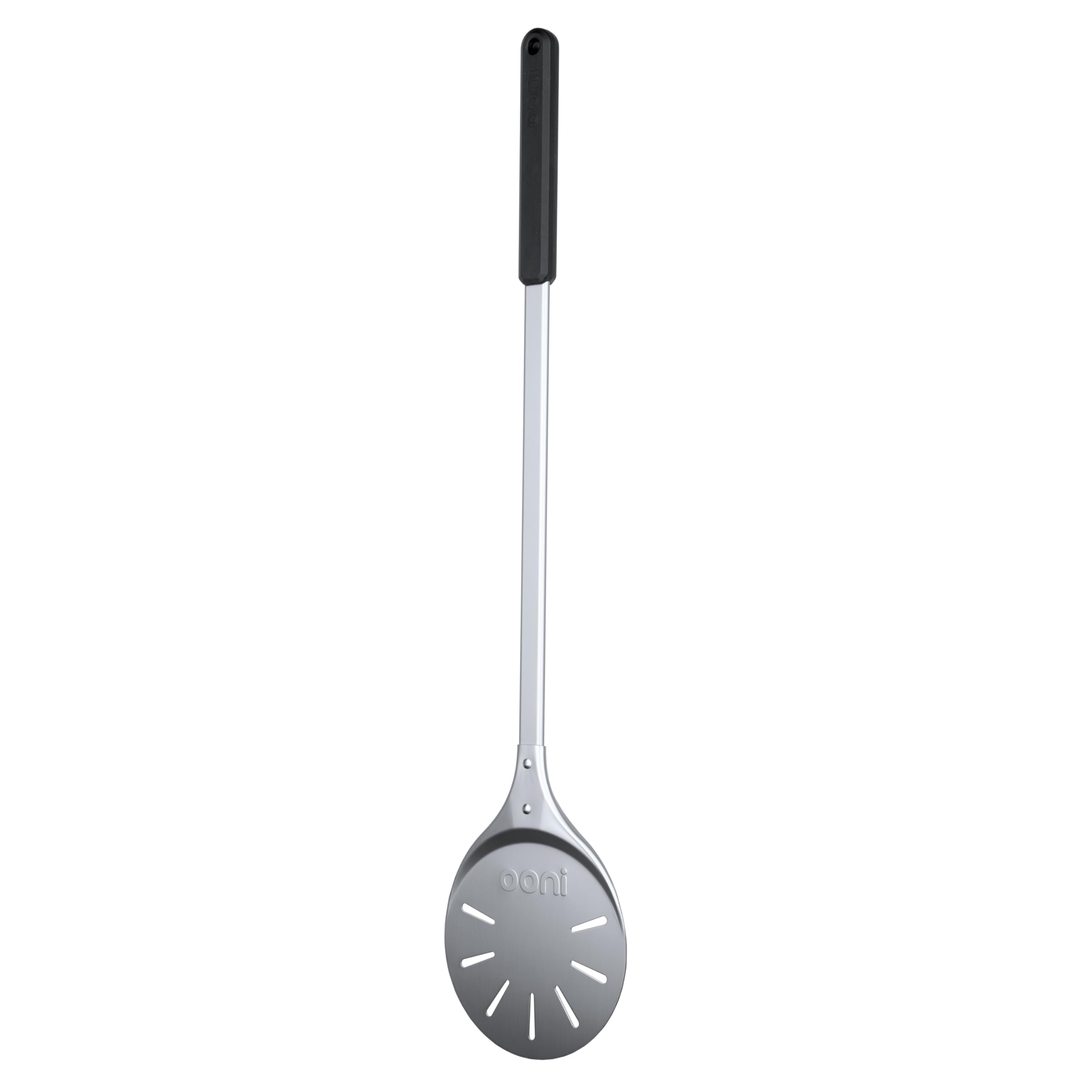 Ooni pizza turning peel perforated base lets excess flour fall away.