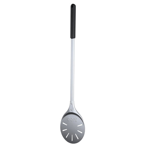 Ooni pizza turning peel perforated base lets excess flour fall away.