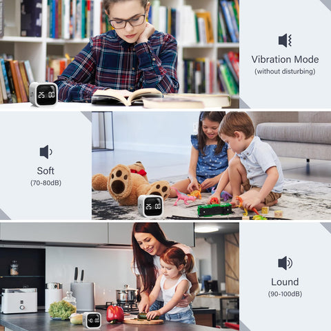 OORAII timer showing silent, high, and low volume modes for discreet or audible alerts.