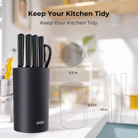 OOU knife block round black weighted bottom ensuring stable countertop placement.