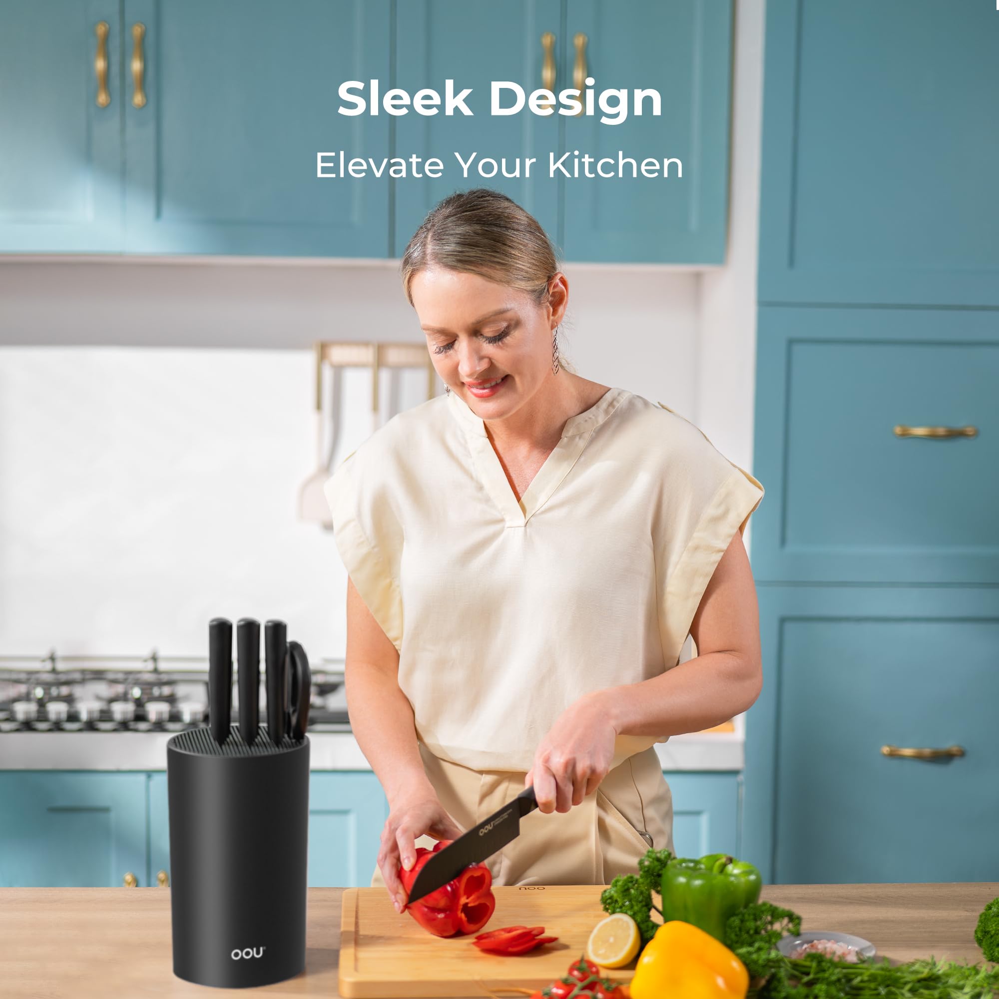 OOU knife block round black removable top for easy cleaning and drainage.