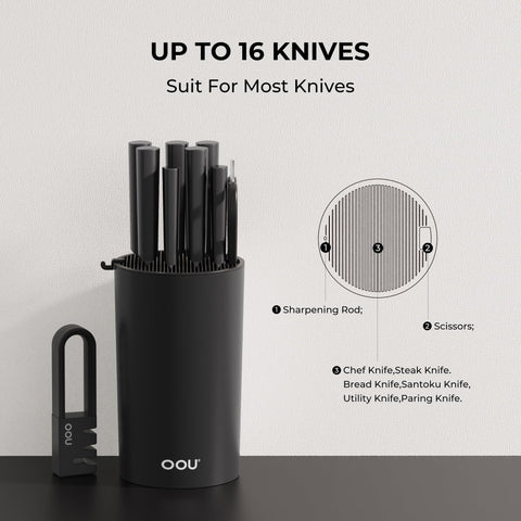OOU universal knife block round black top view showing accessible blade slots.