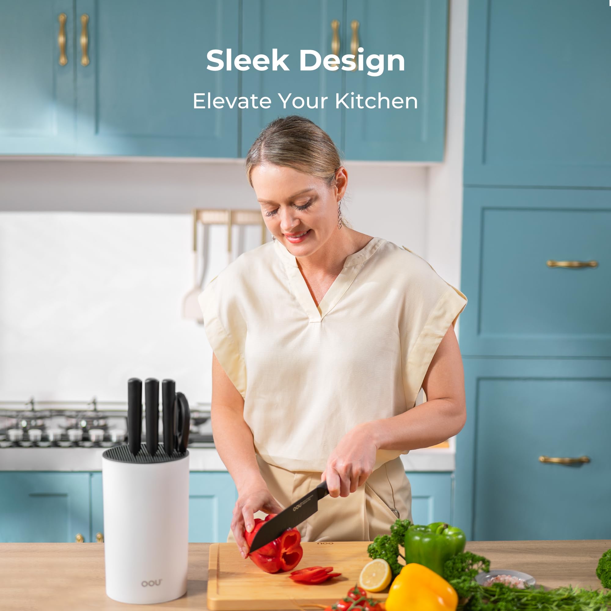 OOU knife block round capacity holds multiple knives plus tools