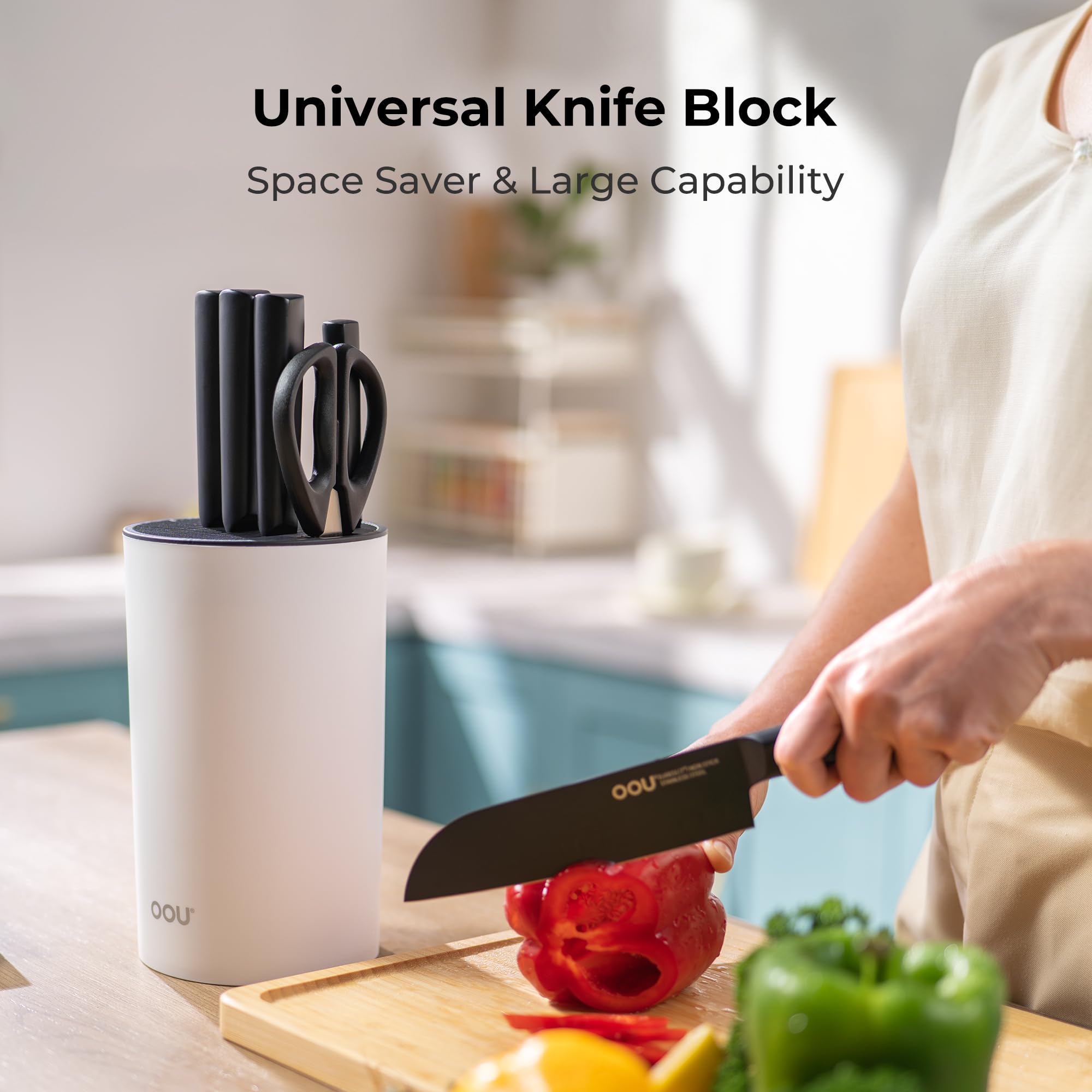 OOU round knife block with double wave slots keeps blades upright
