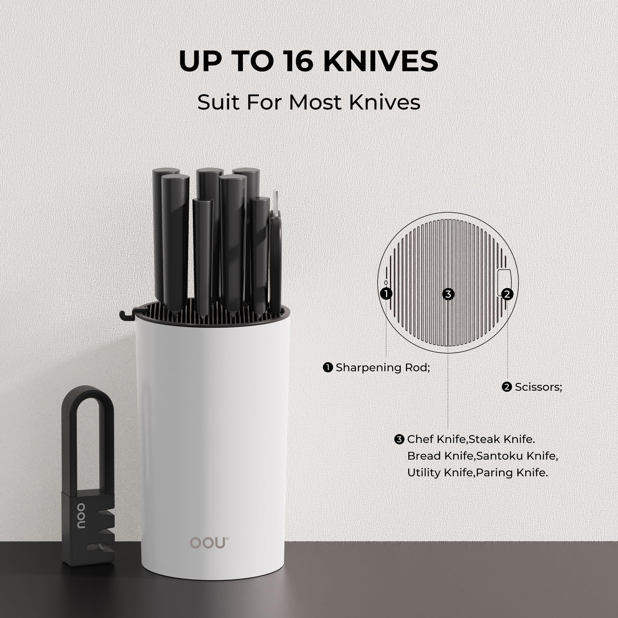 OOU knife block round with removable top for easy cleaning