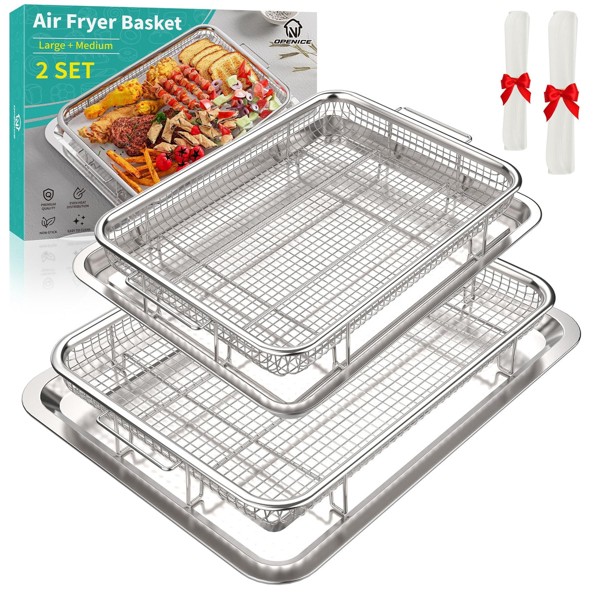 OPENICE large air fryer basket in oven for even heating and crisp results.