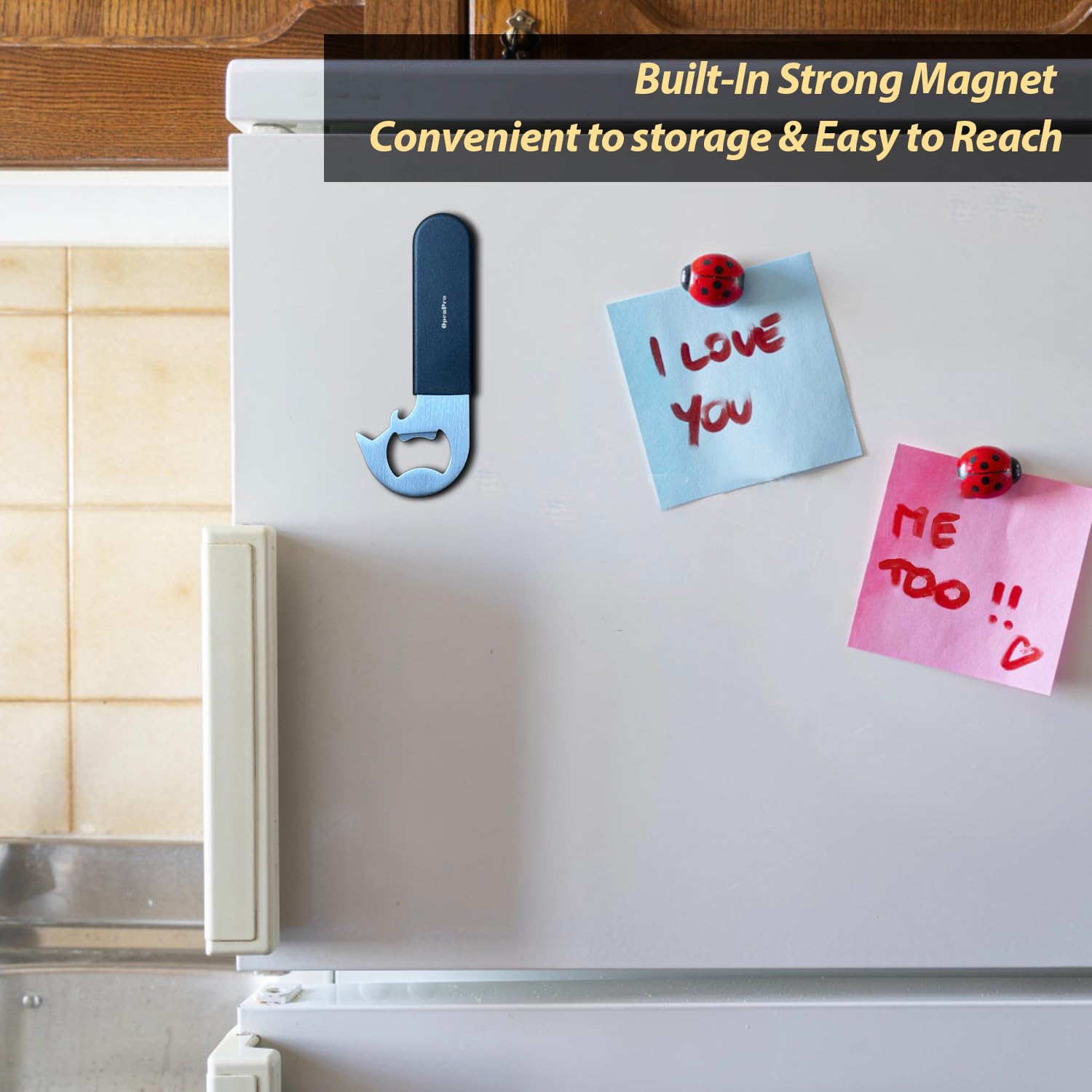 OPENPRO Fridge-magnet storage keeps the opener within reach on metal surfaces.