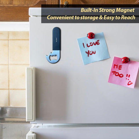 OPENPRO Fridge-magnet storage keeps the opener within reach on metal surfaces.