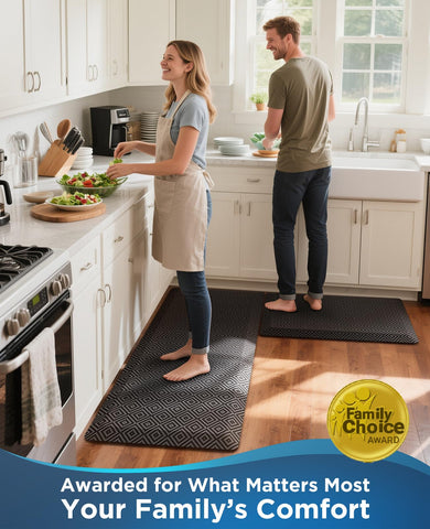 Ophanie Kitchen Mat in black complements modern kitchens.