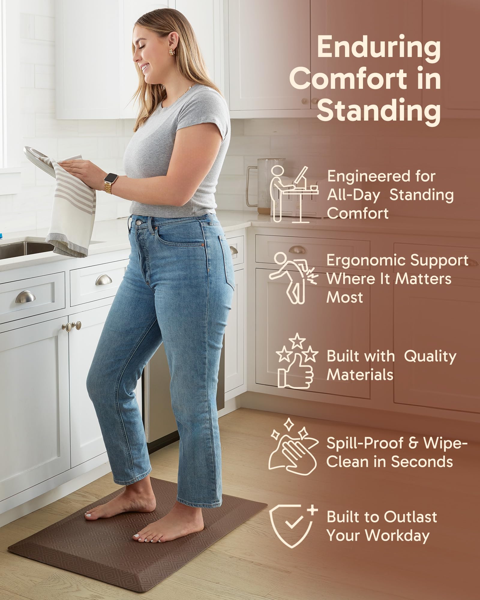 Ophanie mat with slip-resistant backing stays in place on dry floors.