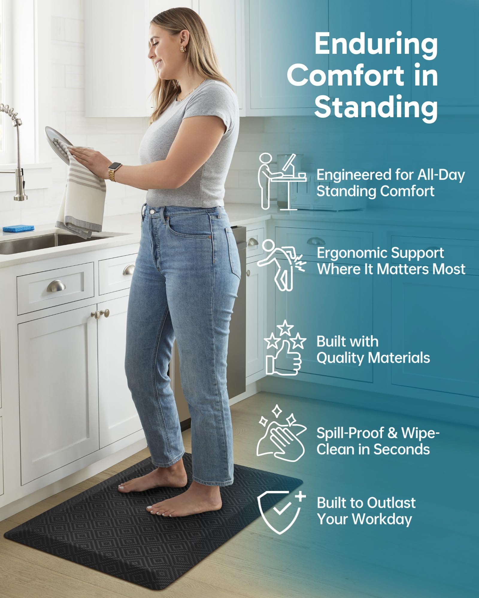 Ophanie Kitchen Mat with slip-resistant back stays in place on dry floors.